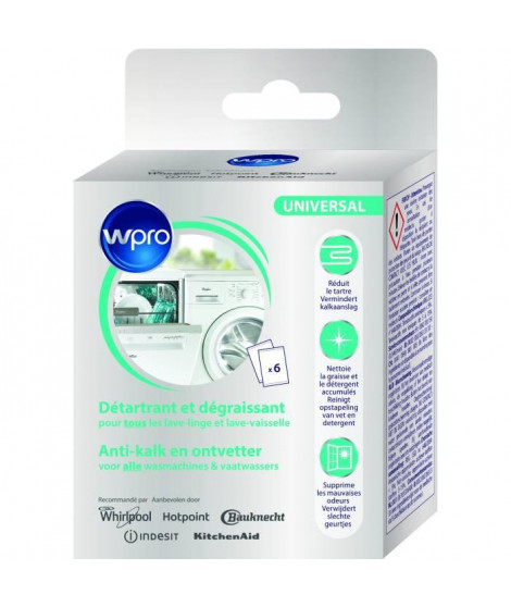 WPRO DES616 Détartrant 3 en 1 pour lave-linge et lave-vaisselle - 6 sachets de 50g