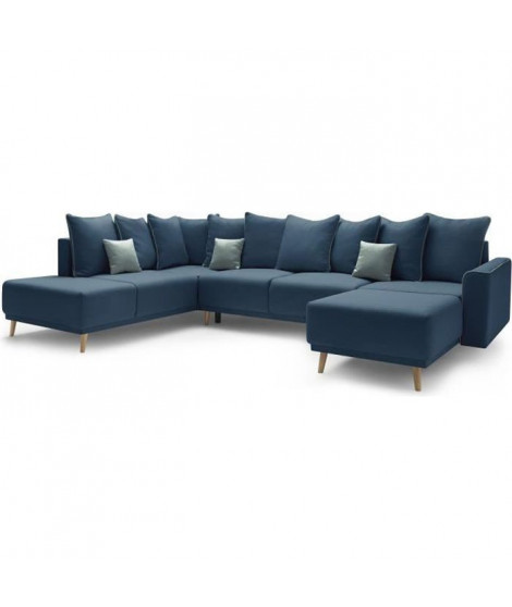 BOBOCHIC Canapé d'angle droit panoramique convertible - Tissu Bleu Navy - L 324 x P 215 x H 90 cm - MOLA