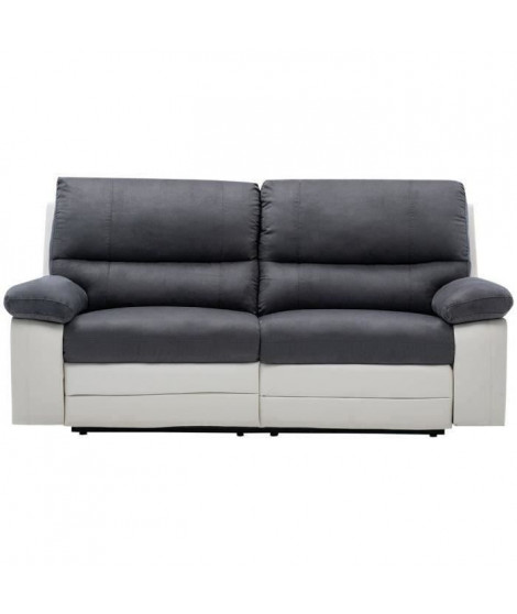 Canapé relax manuel - 3 places - DUSTIN - Tissu gris et Simili blanc - L 207  x P 94 x H 83 cm