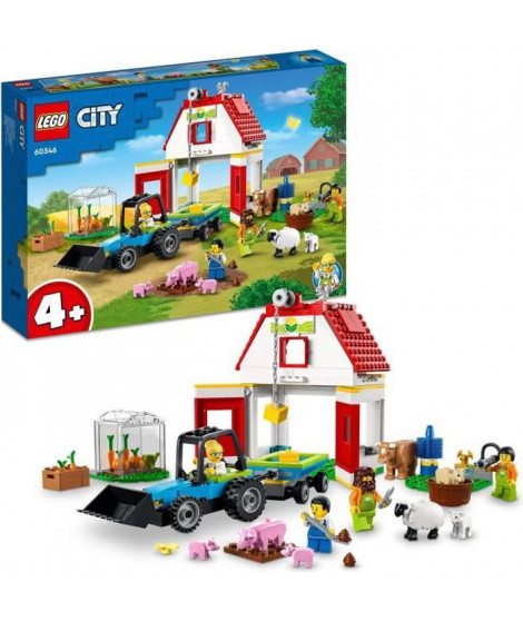 LEGO 60346 City La Grange et les Animaux de la Ferme, Figurines Mouton et Vache, Jouet Tracteur avec Remorque, Enfants Des 4 Ans