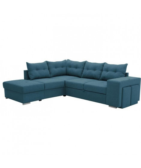 Canapé angle convertible réversible 7 places MITCHELL - Coffre, 2 poufs, prise 2 ports USB - Tissu Bleu L 247 x P 205 x H 91 cm