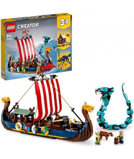 LEGO 31132 Creator 3-en-1 Le Bateau Viking et le Serpent de Midgard, Jouet Transformable en Maison avec un Dragon ou un Loup,