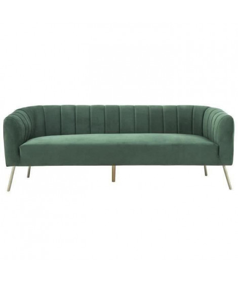 MATHIS Canapé rétro 3 places - Velours bleu vert et structure bois massif - L 207 x P 87 x H 77 cm