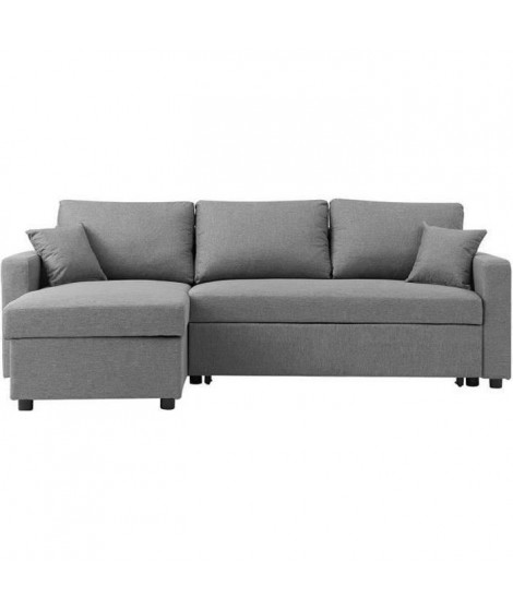 Canapé d'angle convertible grand couchage + coffre 3 places Owens - Tissu gris - L 228 x P 148 x H 86 cm