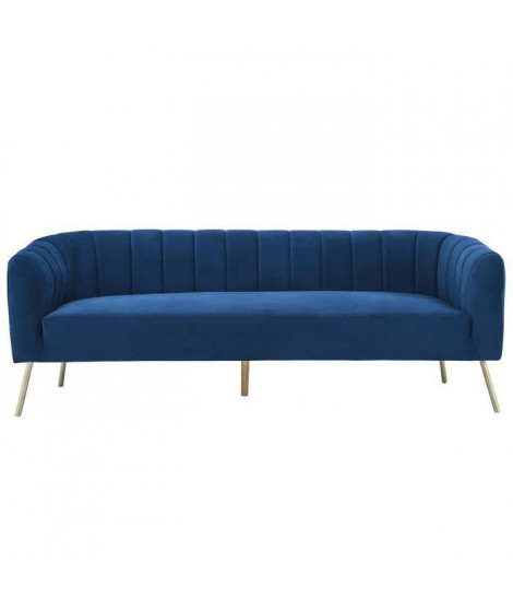 MATHIS Canapé rétro 3 places - Velours Bleu et structure bois massif - L 207 x P 87 x H 77 cm