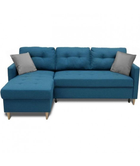 Canapé d'angle convertible réversible + coffre - Tissu bleu canard + 2 coussins gris - L 215 x P 144 x H 90 cm - FALSLEV