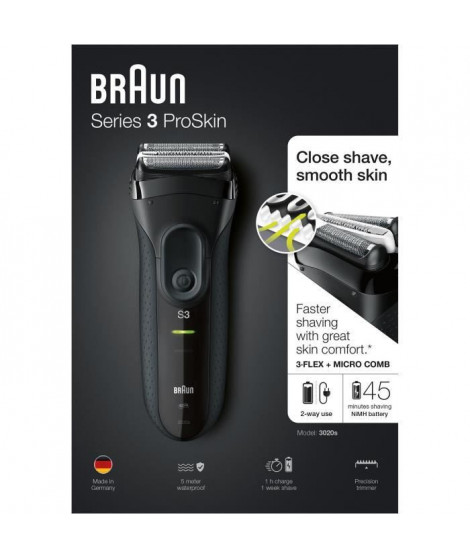 Braun Series 3 ProSkin 3020s Rasoir Électrique Homme Barbe, Noir - Rasoir Électrique Rechargeable