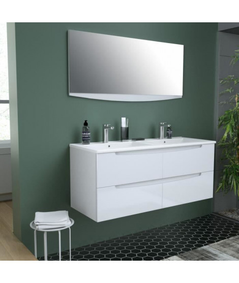 SMILE Salle de bain double vasque avec miroir L 120 cm - 4 tiroirs a fermeture ralenties - Blanc laqué