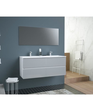 TOTEM Salle de bain 120cm - Gris - 4 tiroirs fermetures ralenties - double vasque en céramique + miroir