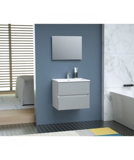 TOTEM Salle de bain 60cm - Gris - 2 tiroirs fermetures ralenties - simple vasque en céramique + miroir