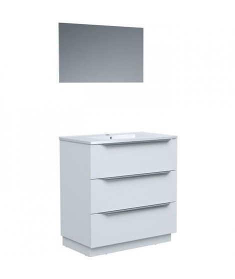 Ensemble Meuble salle de bain sur socle L 80 - Vasque + 3 tiroirs + miroir - Blanc - ZOOM