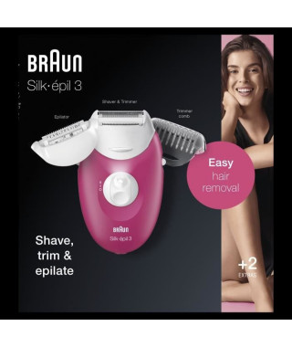 Braun Silk-épil 3 Épilateur Électrique Femme Rose Framboise, 3 Accessoires incluant un rasoir, une tondeuse zones sensible, 3…