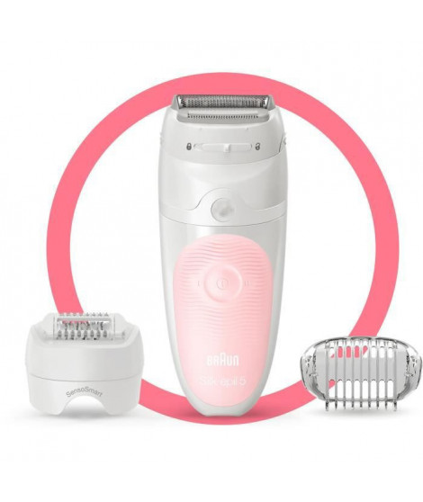 Braun Silk-épil 5 Épilateur Électrique Femme, Blanc/Rose, Tete De Rasage+Tondeuse, Épilation Douceur, Technologie Wet & Dry, …