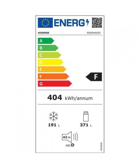 Réfrigérateur Américain HISENSE - RS694N4IIF - 2 portes - 562 L - l 74 x L 91 x H 179 cm - Inox