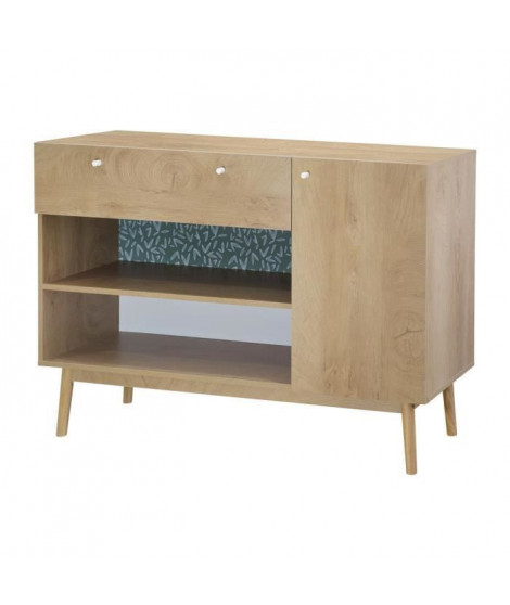 Meuble de rangement 1 portes 1 tiroir - Décor chene et vert - Pieds en bois massif - L 123 x P 40 xH 85 cm - GARDENIA