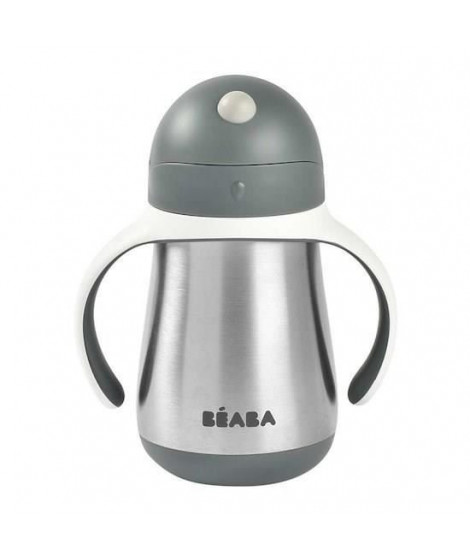 BEABA, Biberon/Tasse d'apprentissage/Gourde Bébé 2 en 1, Tasse Paille Enfant, Inox 100% étanche, Anti-fuite, 250ml, Vert sauge