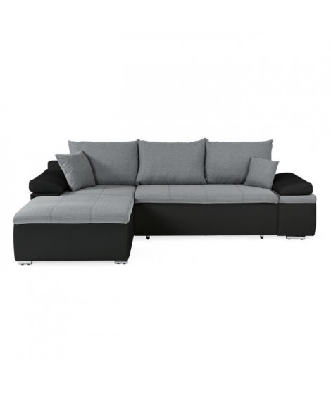 Canapé d'angle réversible convertible 3 places+Coffre - Simili noir et tissu gris - L 274 x P 184 cm - CELINA - Fabriqué en U…