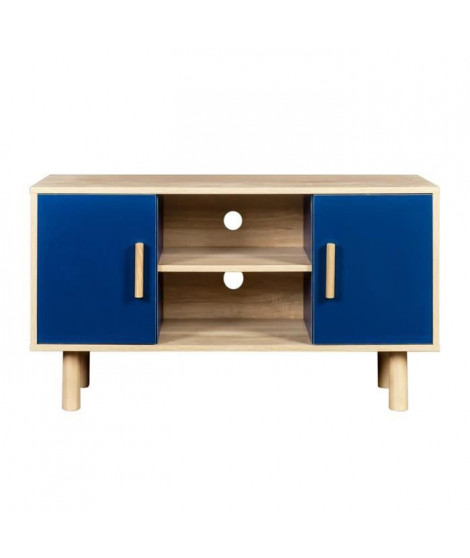 Meuble TV LILA - 2 portes - Décor mélaminé Bleu - Pieds en bois massif - L90 x P35 x H55 cm