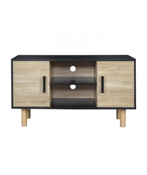 Meuble TV LILA - 2 portes - Décor mélaminé Noir - Pieds en bois massif - L90 x P35 x H55 cm