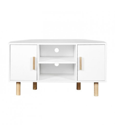 Meuble TV d'angle LILA - 2 portes - Décor mélaminé Blanc - Pieds en bois massif - L90 x P35 x H55 cm