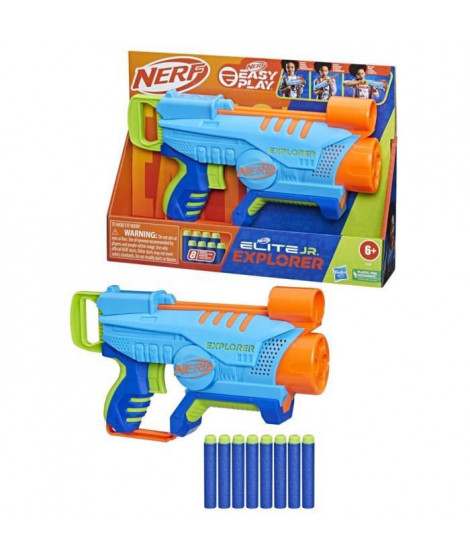 Nerf Elite Junior, blaster Explorer Easy-Play, facile a tenir, charger et tirer, 8 fléchettes Nerf Elite