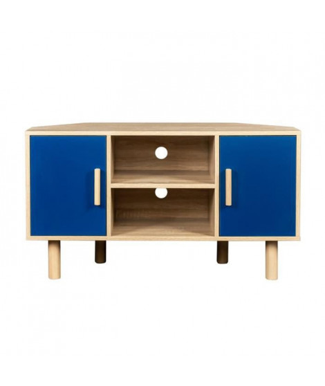 Meuble TV d'angle LILA - 2 portes - Décor mélaminé Bleu - Pieds en bois massif - L90 x P35 x H55 cm