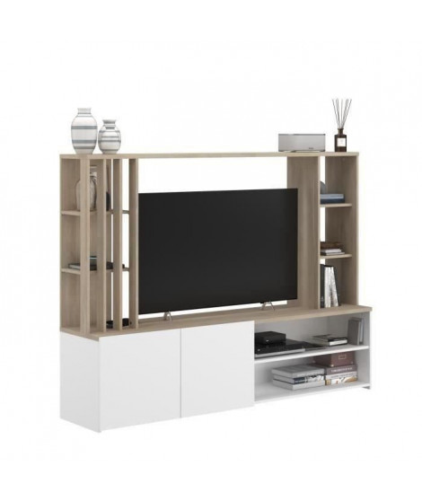 Meuble TV mural complet AUSTRAL - Papier décor chene du Japon et blanc - L 184 x P 41 x H 138 cm - PARISOT