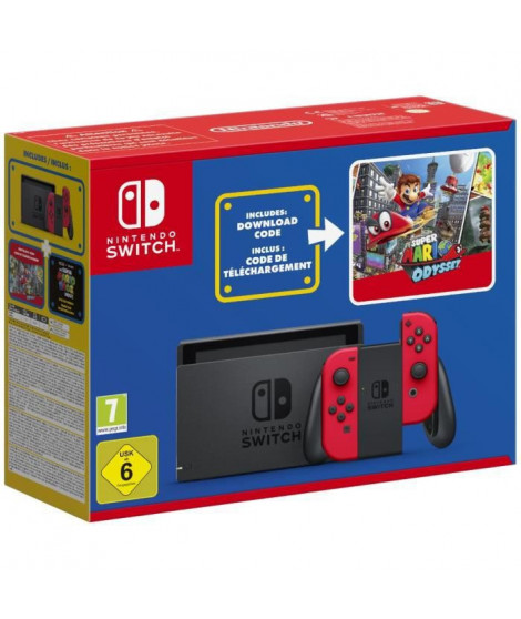 Console Nintendo Switch avec Joy-Cons rouges | Édition Limitée + Super Mario Odyssey (Code) + Stickers Super Mario Bros. Le Film