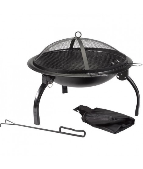 Brasero Portable Firepit en acier - 3 pieds - Finition noire - Grille chromée et sac rangement - H46 x L60 x P60 cm