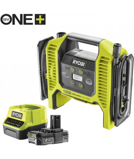 RYOBI Compresseur-gonfleur 18V - jusqu'a 10,3 bars - Livré avec 3 embouts de gonflage, 1 batterie 2,0Ah et 1 chargeur rapide …