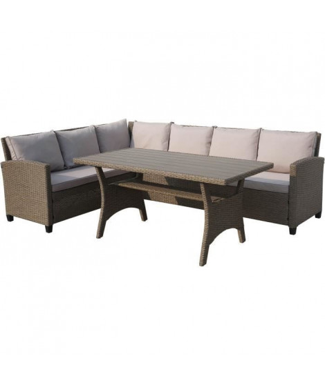 Salon de jardin MILOS 5 personnes - Canapé d'angle gauche + Table repas en résine tressée - L 238 x P 180 x H 76 cm - Beige