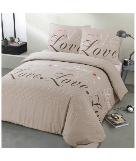 VISION Parure Housse de couette Flanelle Love 100% coton - 200x200 cm - Beige