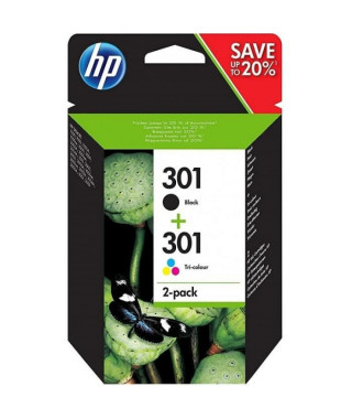 HP 301 Pack de 2 cartouches d'encre noire et trois couleurs authentiques (N9J72AE) pour HP Envy 4505, DeskJet 1050/1512/2548/…