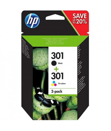 HP 301 Pack de 2 cartouches d'encre noire et trois couleurs authentiques (N9J72AE) pour HP Envy 4505, DeskJet 1050/1512/2548/…