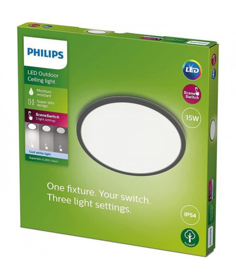 PHILIPS Plafonnier LED SUPERSLIM - 15W - 4000 Kelvin - IP54 - Noir