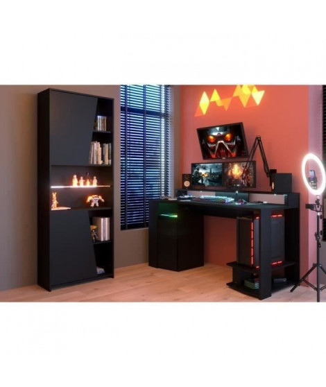 PARISOT Gaming Ensemble bureau gamer + bibliotheque 2 portes - Décor noir