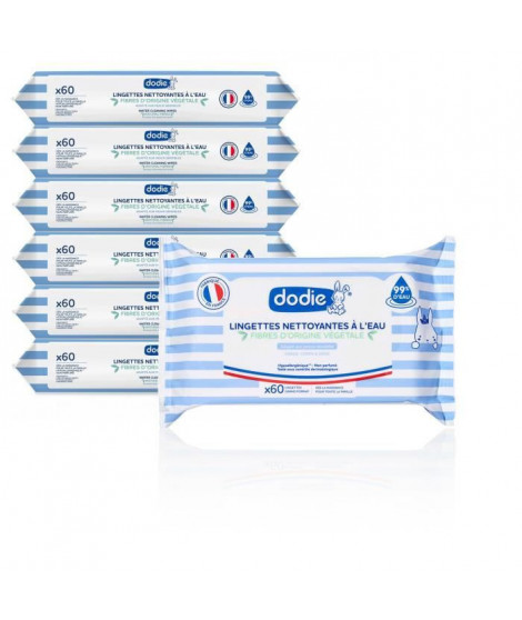 Dodie Lot de 7 paquets de Lingettes a l'eau 7x60 - Visage, Corps & Siege - Fibres d'origine végétale - Des la naissance