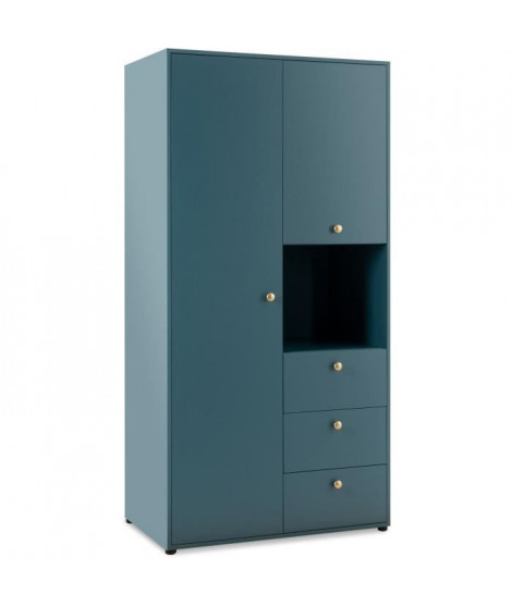 Armoire battante avec 2 portes + 3 tiroirs et niche ouverte - Bleu Pétrole - 80 x 54 x 180 cm - POP COLOR