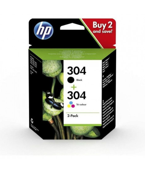 HP 304 Pack de 2 cartouches d'encre noire et trois couleurs authentiques (3JB05AE) pour DeskJet 2620/2630/3720/3730, Envy 502…