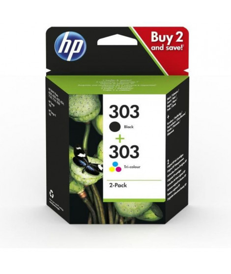 HP 303 Pack de 2 cartouches d'encre noire et trois couleurs authentiques (3YM92AE) pour Envy Photo 6220/6230/6232, Tango/TangoX
