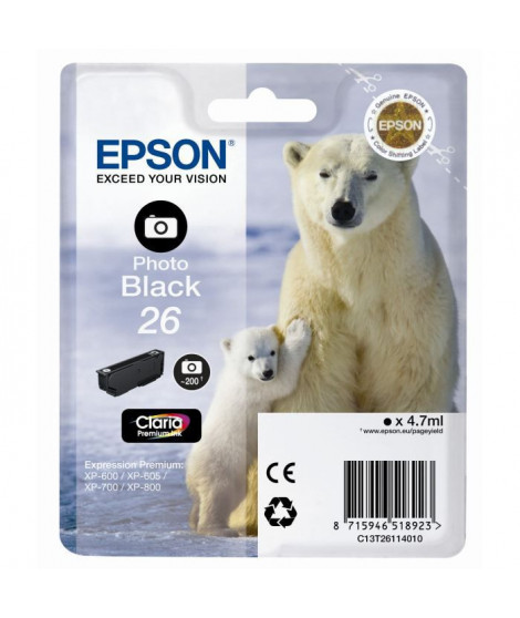 EPSON Cartouche d'encre T2611 Noir photo - Ours Polaire (C13T26114010)