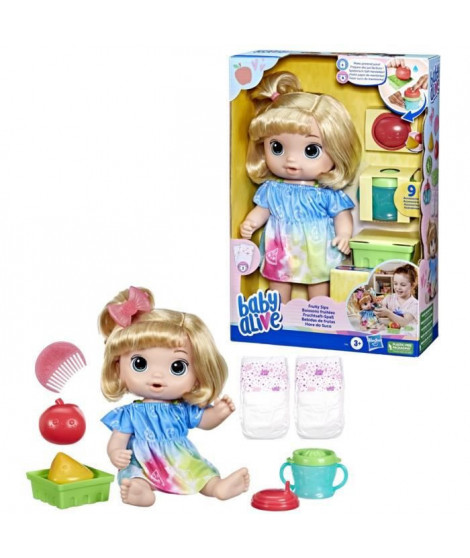 Baby Alive, coffret poupée Boissons fruitées, pomme, presse-agrumes factice, boit et mouille sa couche, des 3 ans, cheveux bl…