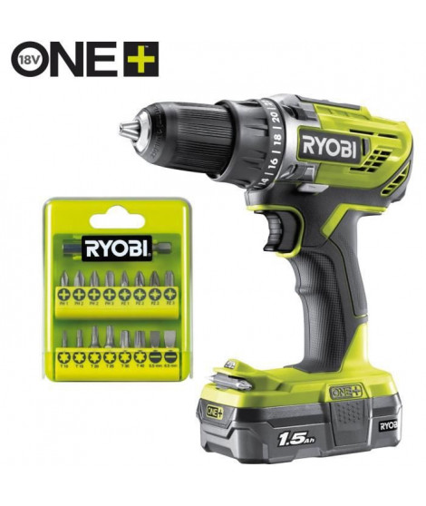 RYOBI Perceuse-visseuse 18V - 2 vitesses - Livrée avec 1 batterie 1,5 Ah, 1 chargeur 1,5A et 17 accessoires de vissage