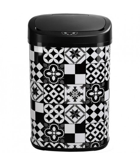 KITCHEN MOVE Poubelle de cuisine automatique 58 L - Inox - Motif carreau de ciment - Noir et Blanc