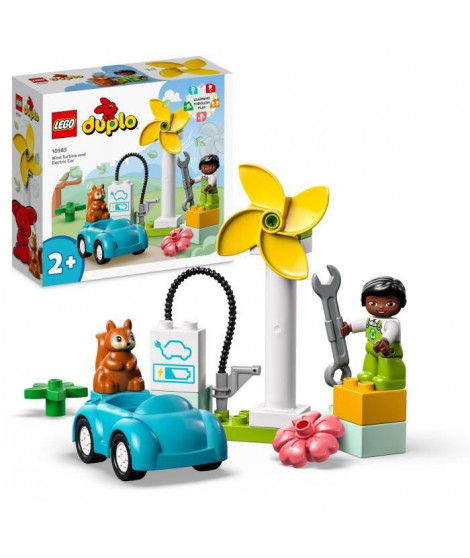 LEGO DUPLO Ma Ville 10985 L'Éolienne et la Voiture Électrique, Jouet Voiture pour Enfants Des 2 Ans