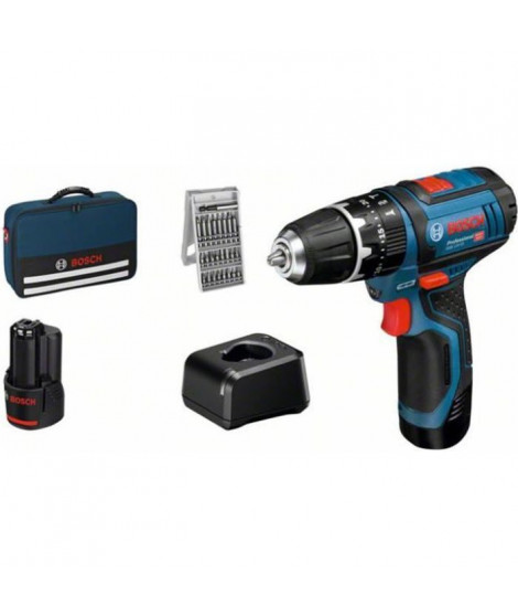 Perceuse-visseuse a percussion Bosch Professional GSB 12V-15 + 25 accessoires + 2 batteries 2,0Ah