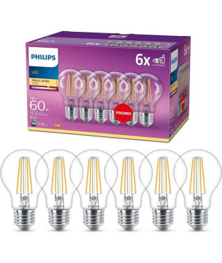 Philips, pack de 6 ampoules E27 LED transparentes 60W, blanc chaud