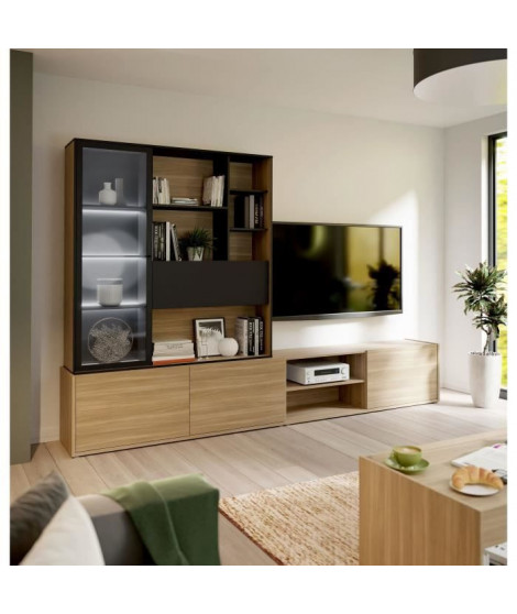 Meuble TV mural suspendu ULEZZA : Meuble TV 3 portes + Etagere - Eclairage inclus - Décor noir et chene - L304 x P42 x H200 cm