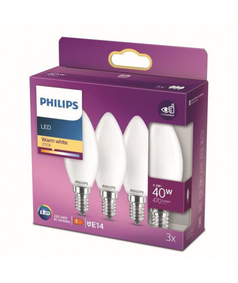 Philips, pack de 3 ampoules E27 LED 40W, blanc chaud