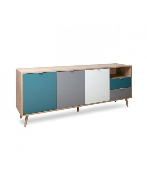 Buffet bas - Décor chene sonoma et blanc - Style scandinave - 3 portes - CUBA - L 180 cm